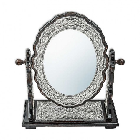 Gümüş Çiçek Desenli Oval Çift Taraflı Ayna